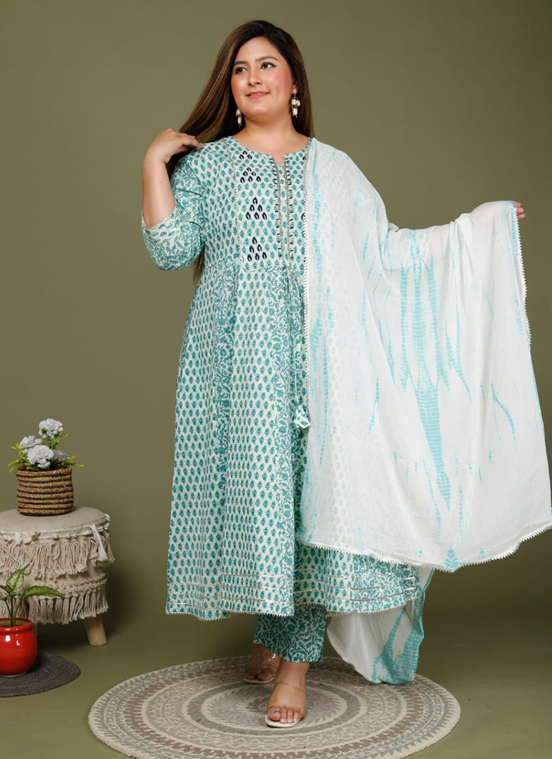 Mint Blue Lakhnavi Work Cotton Plus Size Suit