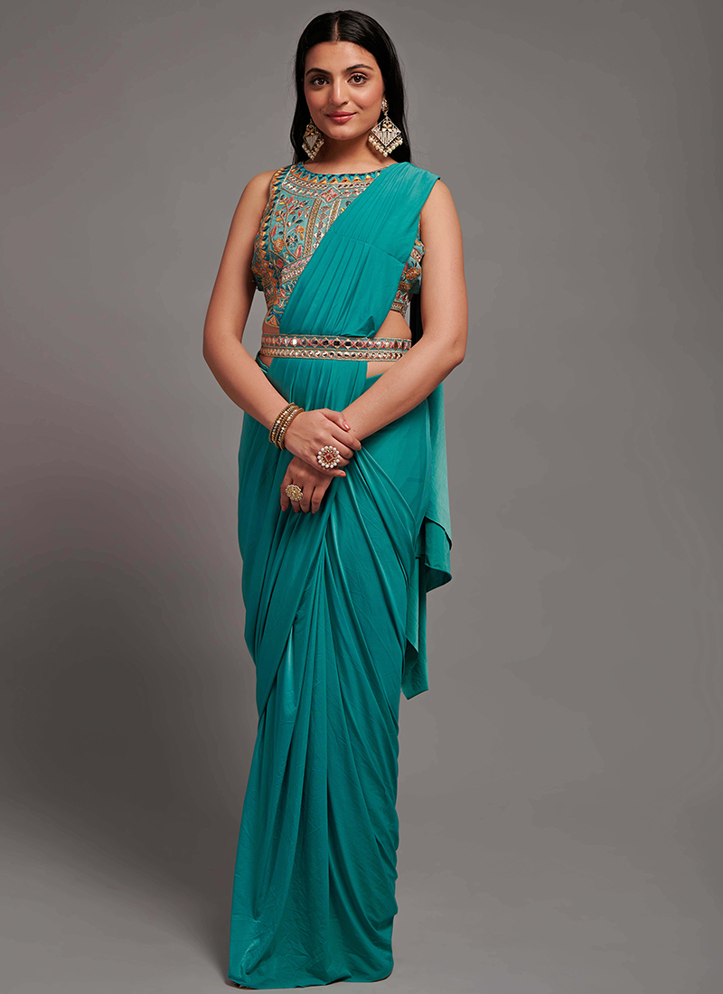 Buy Blue Satin Embroidered Ready To Wear Saree With Unstitched Blouse Piece  - Nandika Online at Best Price | Distacart