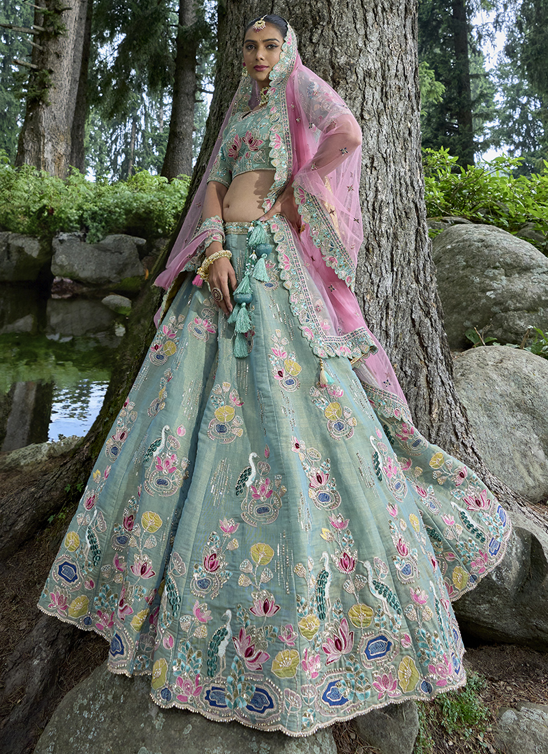 Sky Blue & Deep Pink Floral Lehenga Choli by Hints by Pooja Guliani for  rent online | FLYROBE