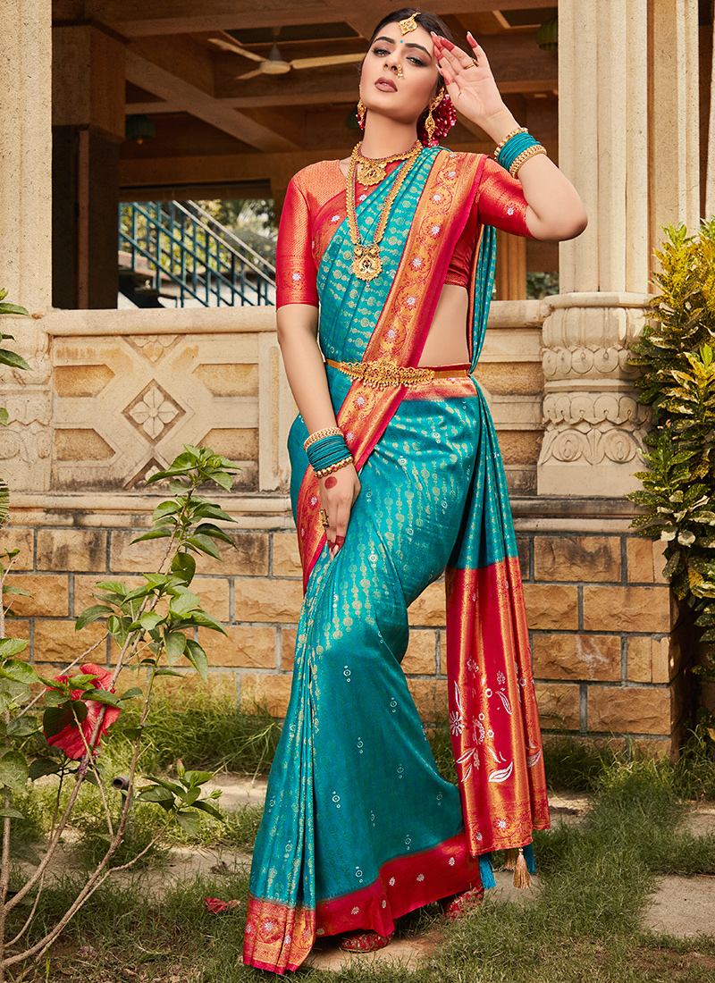 KARAGIRI Sky Blue Kanjivaram Saree With Blouse : Amazon.in: Fashion