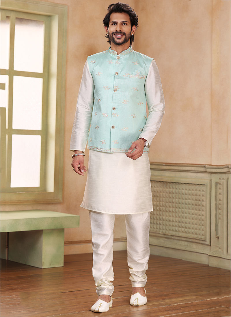 Blue kurta white discount pajama with jacket