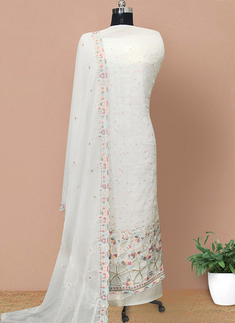 Buy White Hand Work Dola Silk Dress Material Online