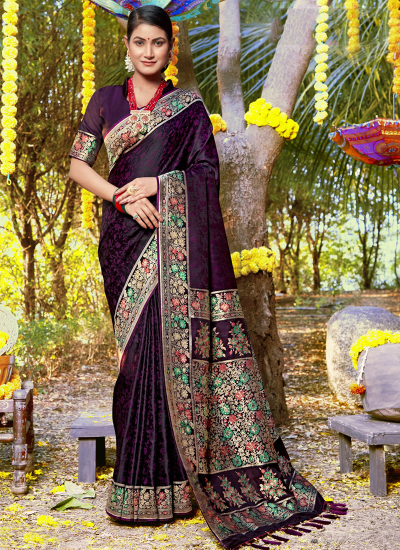 Bright Weaving Work On Rani Color Satin Silk Saree