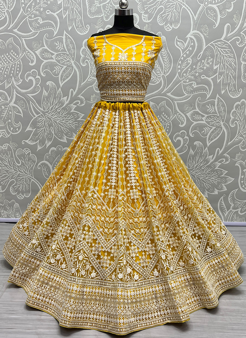 RE - Yellow Coloured Embroidery Work Lehenga Choli - Lehengas - Indian