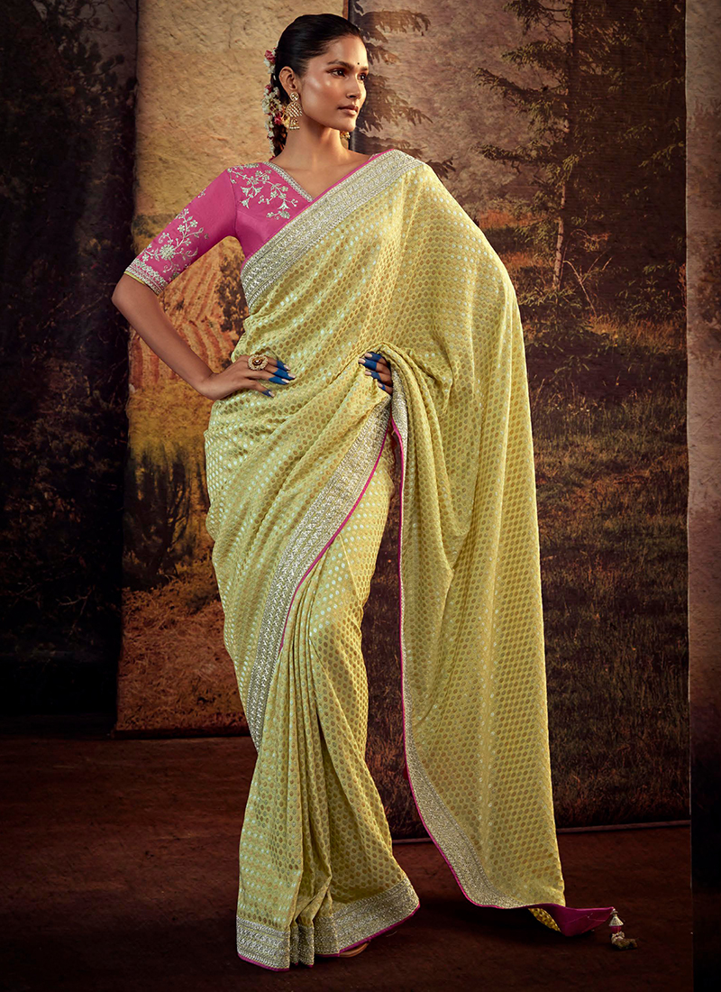 Vibrant Green with Yellow Border Bagru Block Print Cotton Mulmul Saree