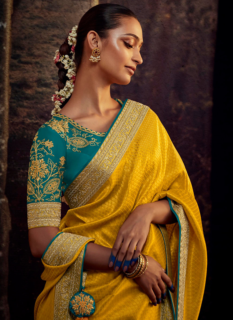 Dark Yellow Printed Chiffon Fancy Pallu Saree With Blouse - Vishal Prints -  3928908