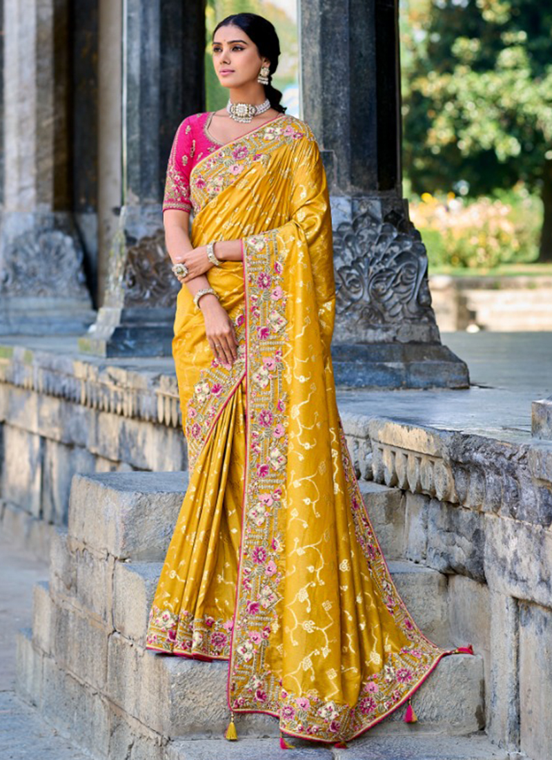 Yellow & Red Colored Wedding Wear Saree With Tassels – Apparel Designer