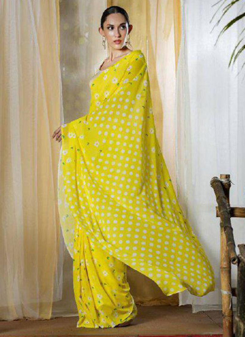 Lemon Yellow Floral Design Digital Print Linen Saree - Loomfolks