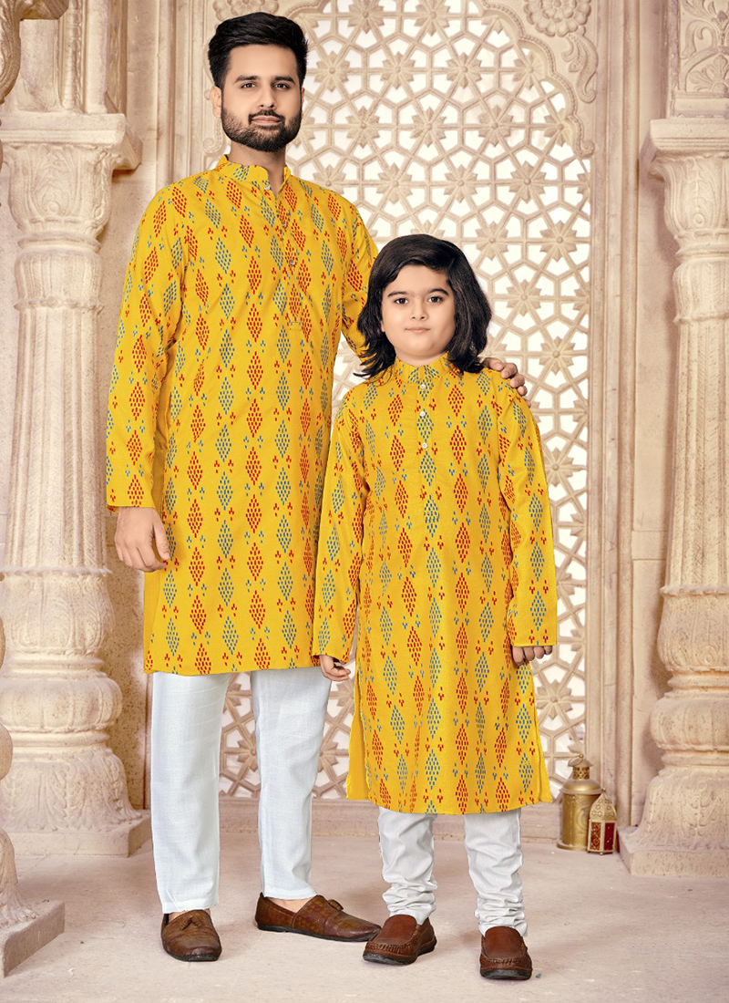 Buy Golden Yellow Handloom Cotton Printed Kurta Pyjama Online at Best Price  | Cbazaar