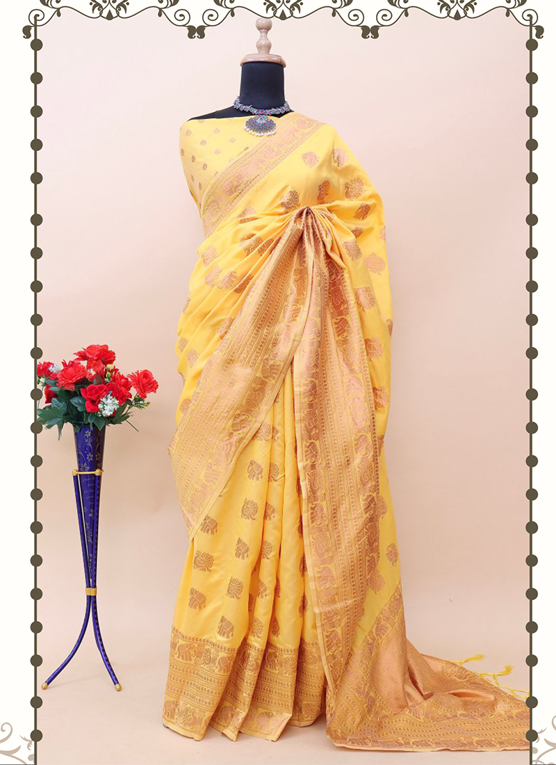 Buy VASTTRAM Kabir Fabrics Women's shubhasi Kanchipuram Silk Kanchi Pattu  Saree with Blouse (yellow colour) at Amazon.in