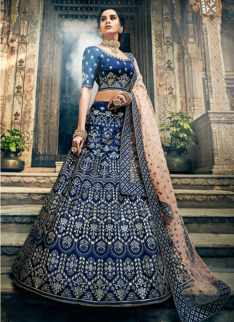 Gorgeous Navy Blue Zari Embroidered Wedding Bridal Velvet Lehenga Choli  with Dupatta - Tulsi Art - 3563307