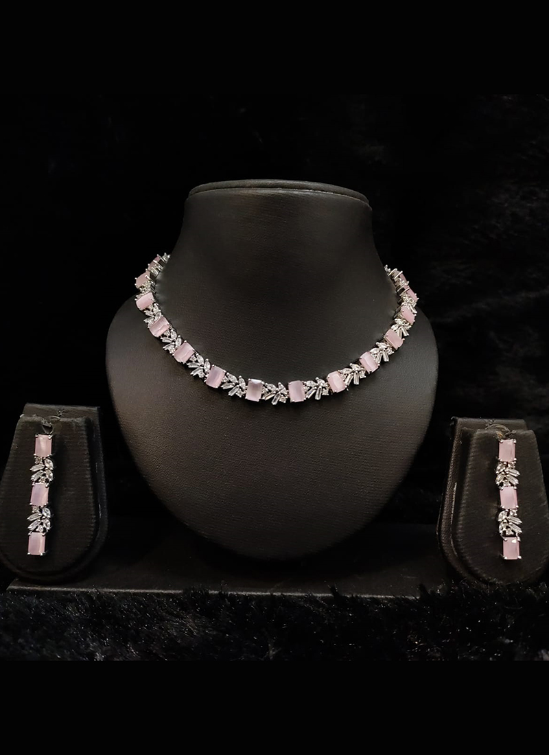 Pink American Diamond Necklace Set Silver Jewellery Set 