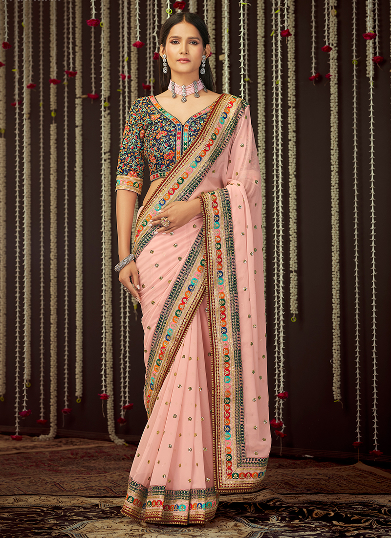 Embroidered Pink Georgette Saree With Sequence And Thread Work, 5.5 m  (Separate Blouse Piece) at Rs 1837 in Singrauli