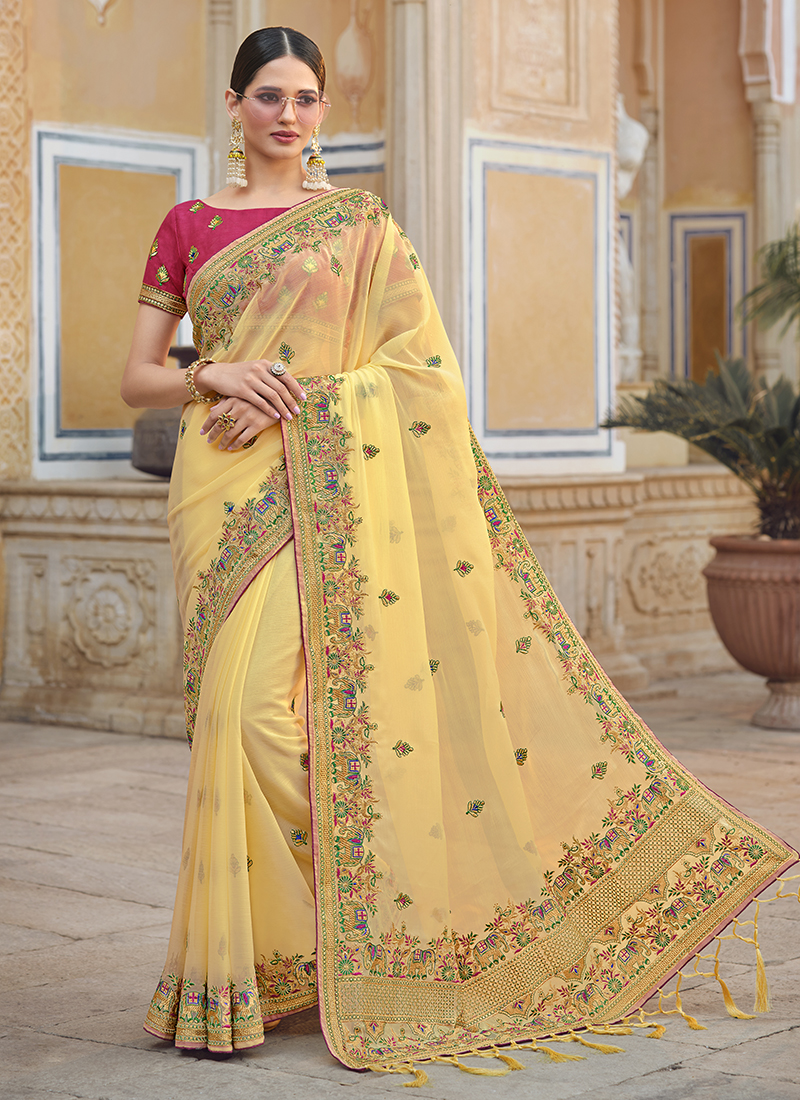 Golden Yellow Designer Dola Silk Saree With Contrast Blouse | Kolour