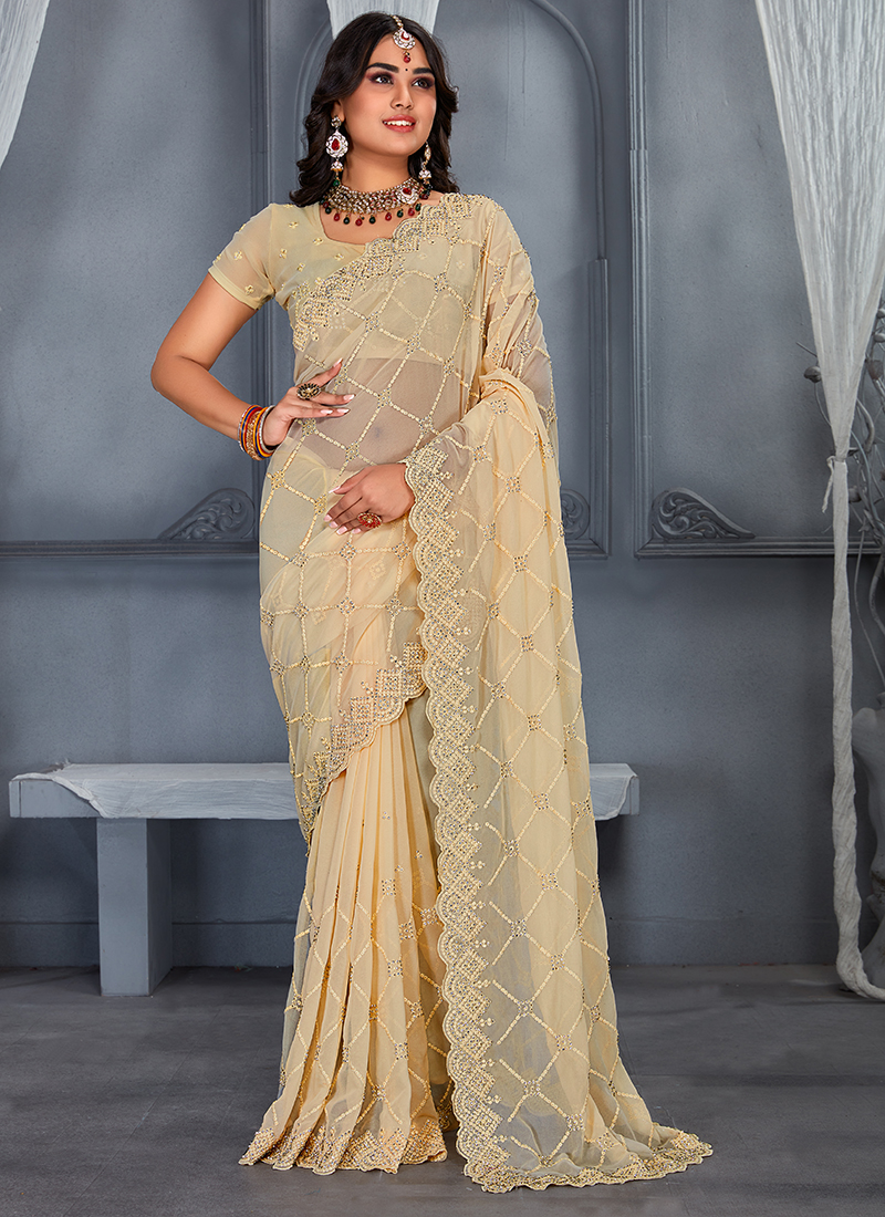 Beige Georgette Saree With Printed & Checks Border at Rs 2349.00 | Printed Georgette  Saree | ID: 2851264296712