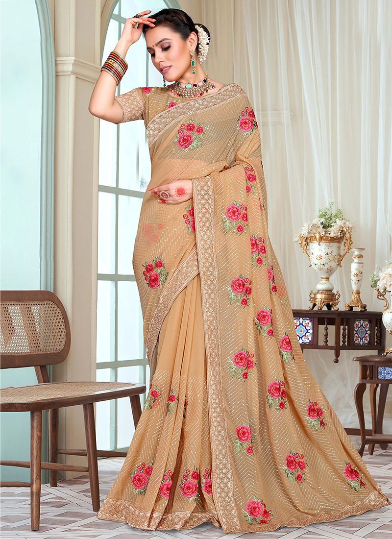 Beige Georgette Saree With Blouse 198106 | Party wear sarees, Fancy  blouses, Saree designs