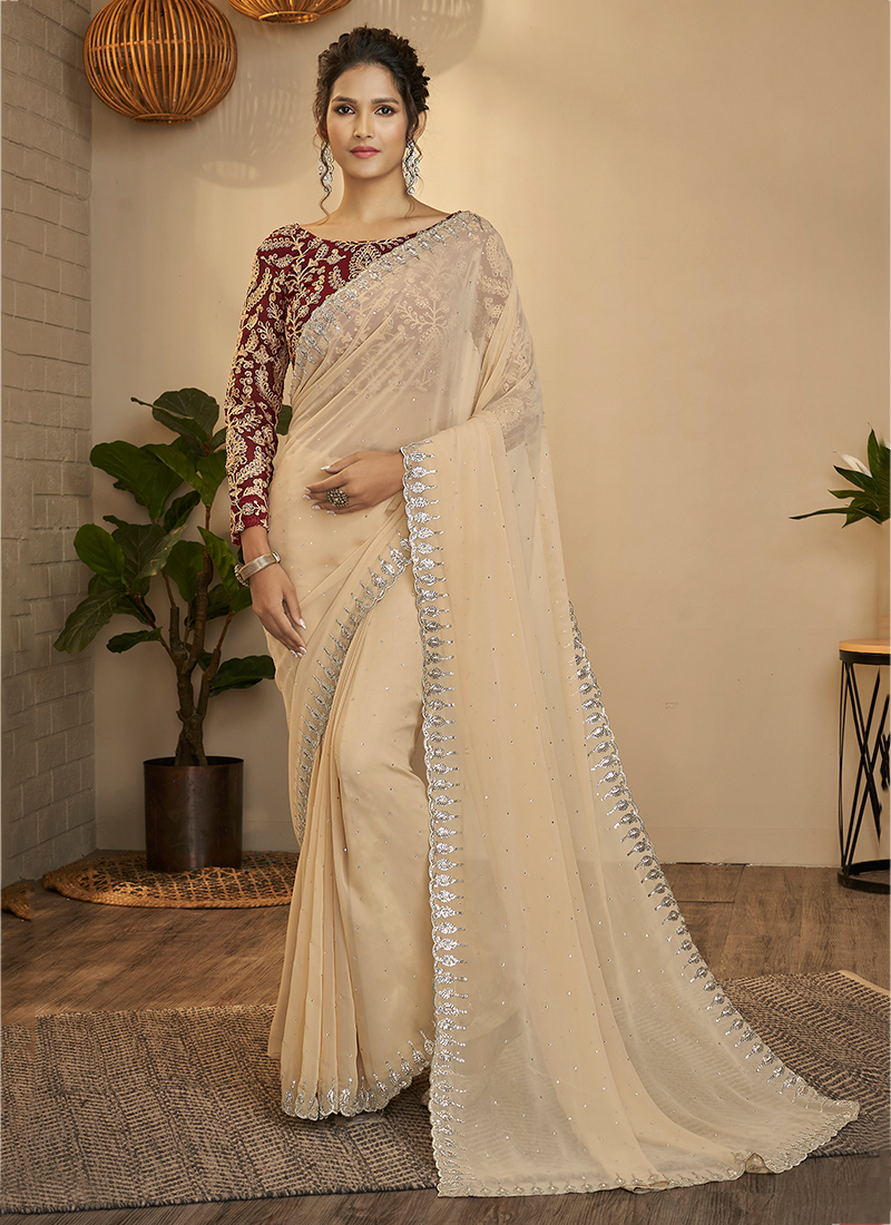 Beige Georgette Ombre Saree Set Design by NITIKA GUJRAL at Pernia's Pop Up  Shop 2024