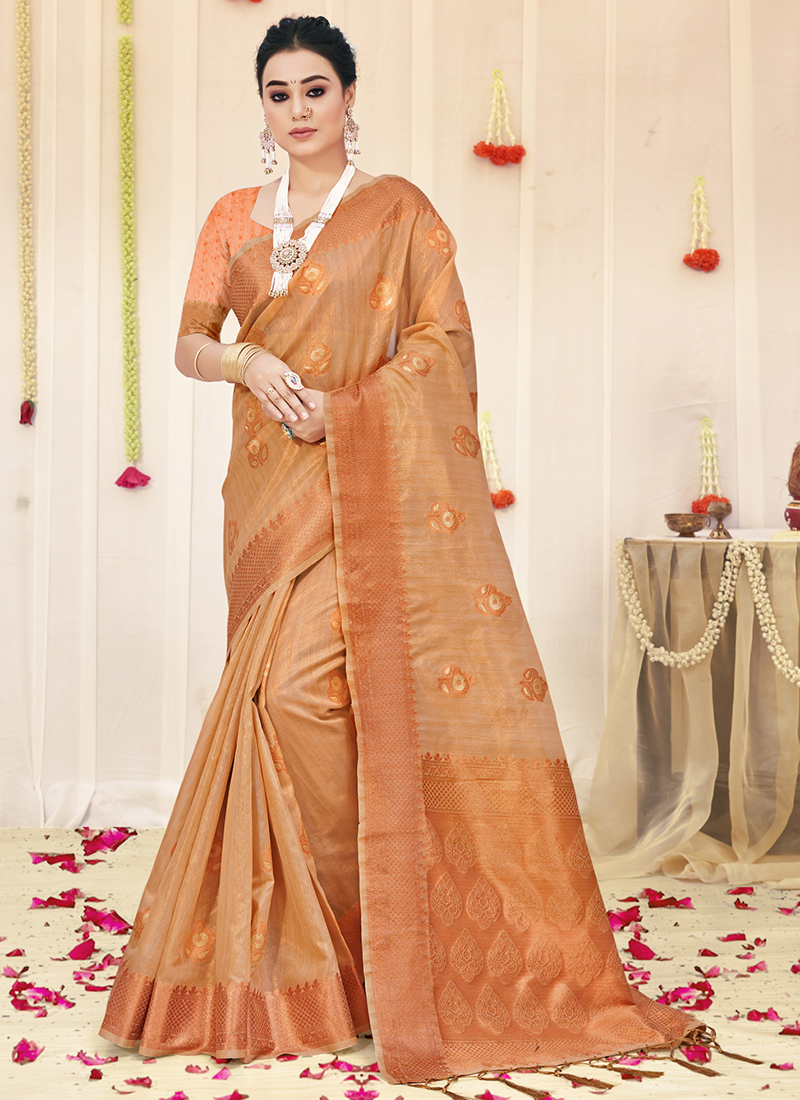 Buy Beige Floral Printed Organza Saree With Blouse Online At Zeel Clothing