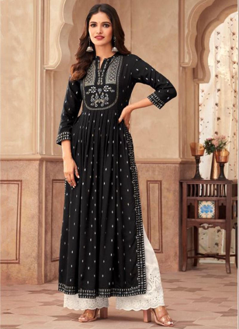 Buy Ethnic Long Kurti Palazzo Suit in Black Color Online - SALA2251