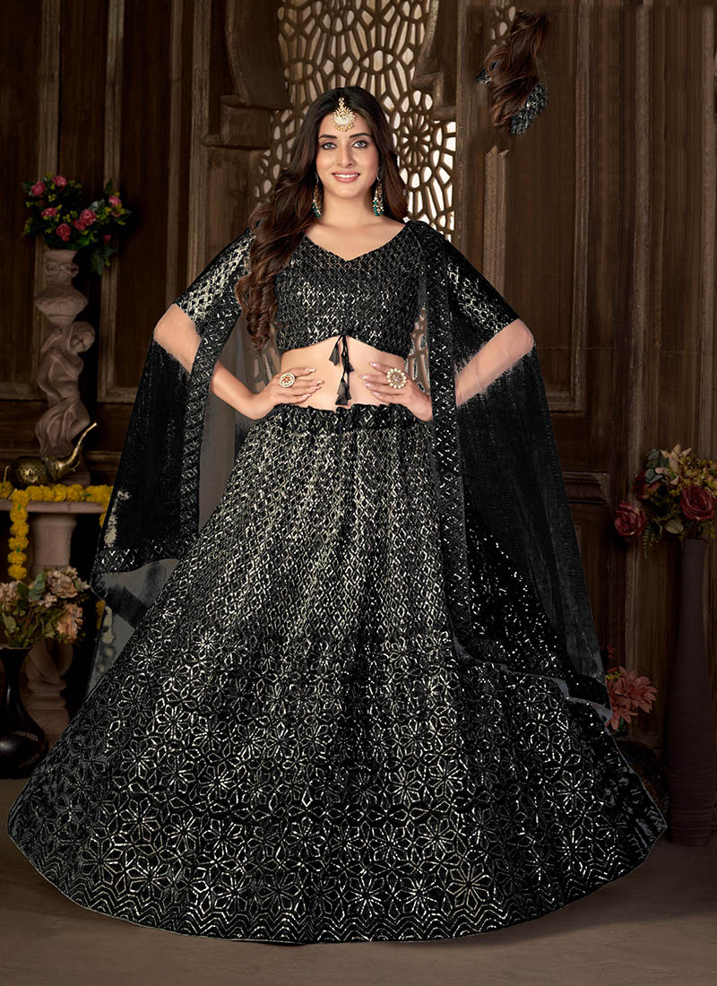 Net a line lehenga choli in Black colour 1013 | Lehenga choli, Designer  lehenga choli, Net lehenga