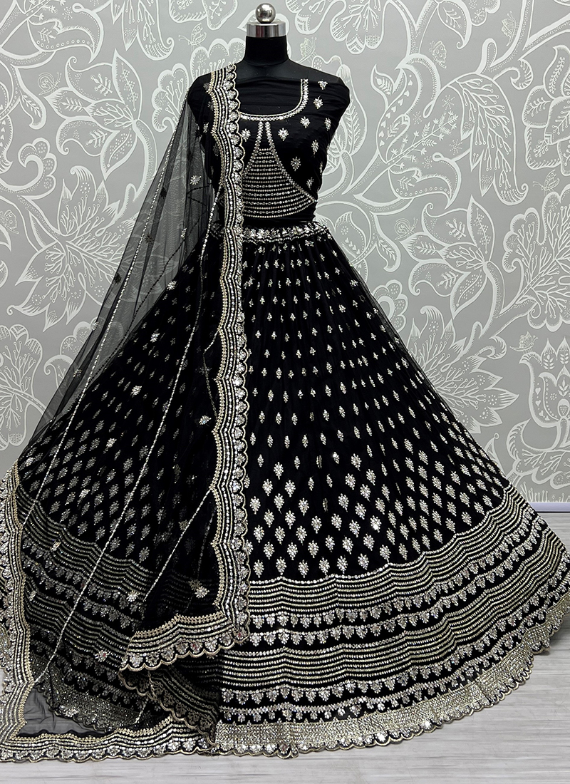 Women's Wear Black Color Taffeta Silk Mirror And Stone Work Designer Lehenga