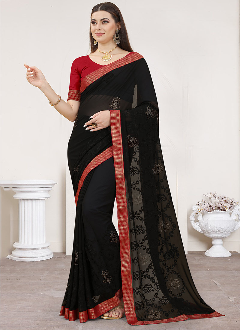 Black Georgette Saree With Floral Print – Designer Pithi