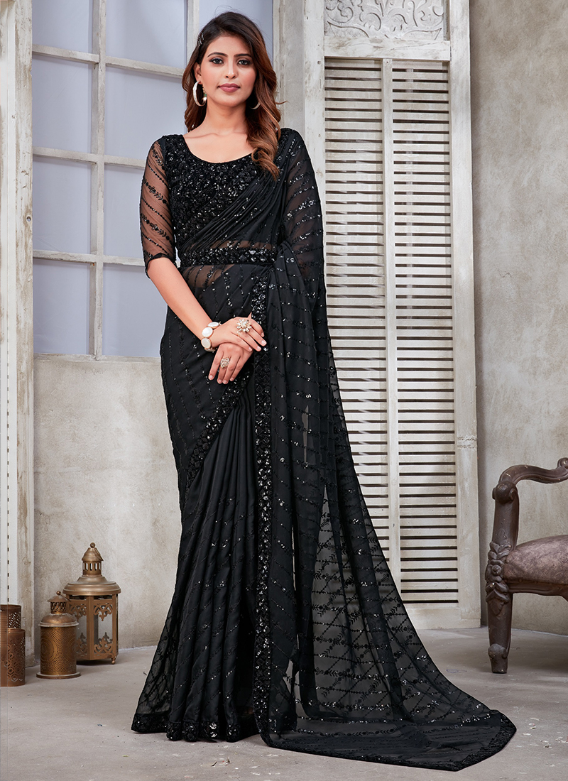 Buy Black Sequins Georgette Saree - Koskii