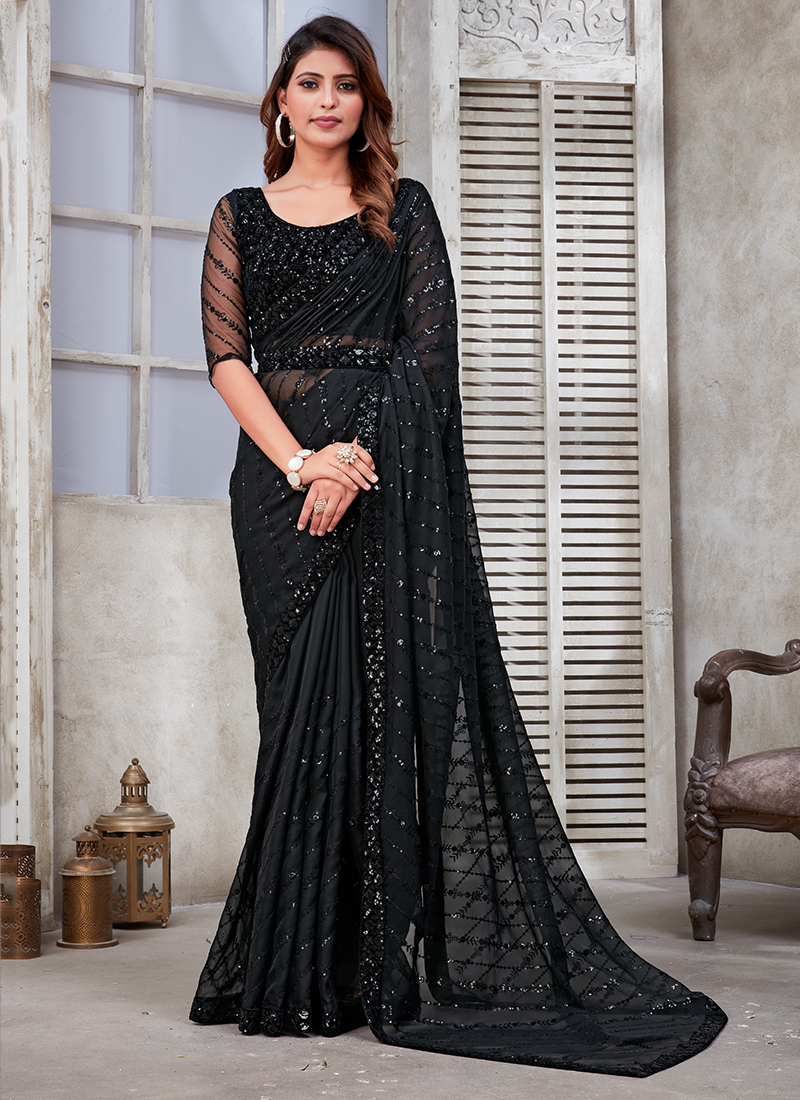 Buy Black Net Wedding Wear Embroidery Work Saree Online From Wholesale  Salwar.