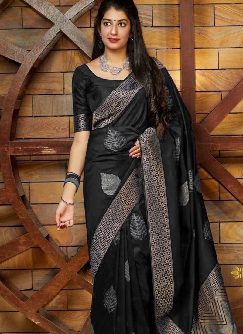 black color soft silk saree with contrast zari border and pallu in Sarees |  Heer Fashion