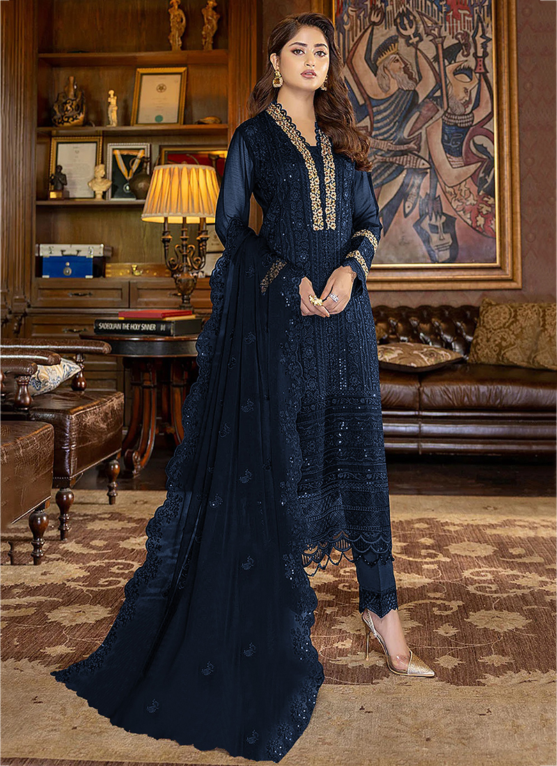 Embroidered Georgette Pakistani Suit in Navy Blue | Party wear, Tunic  designs, Women suits wedding