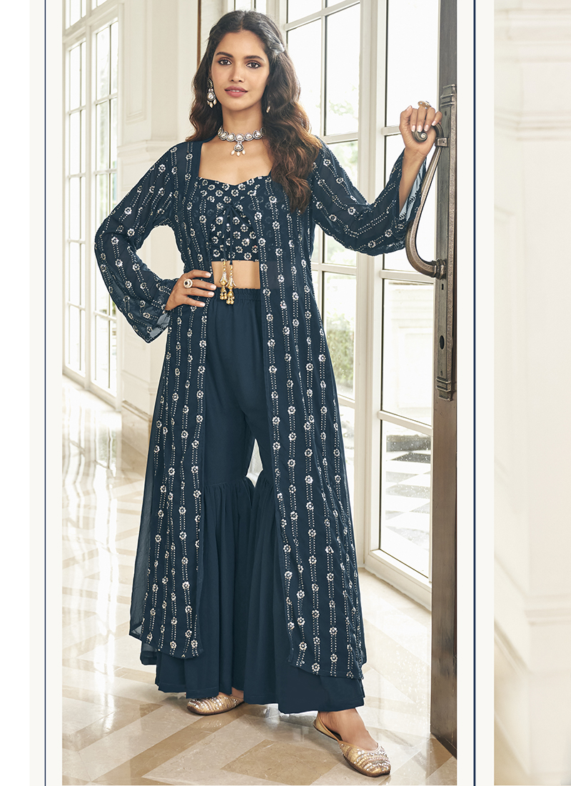 Multicolor Georgette Moti Work Dheeru And Nitika Designer Crop Style Jacket  Suit - Zakarto