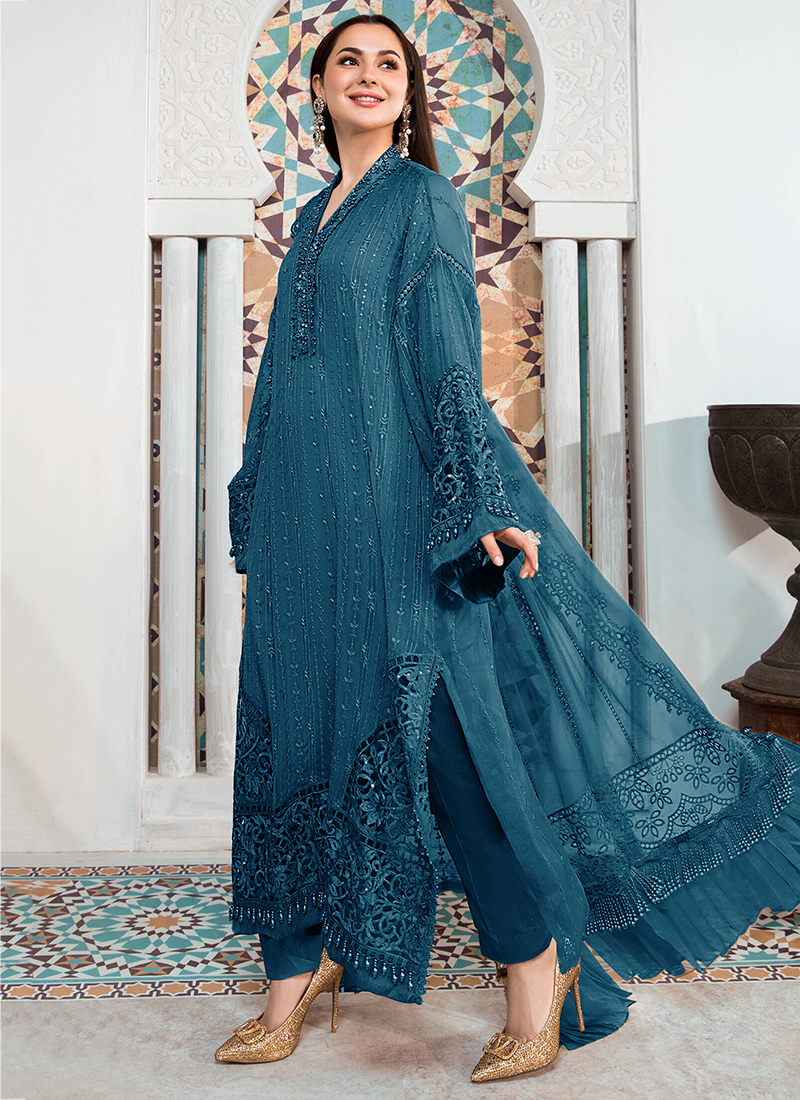blue embroidery work georgette pakistani suit 183786