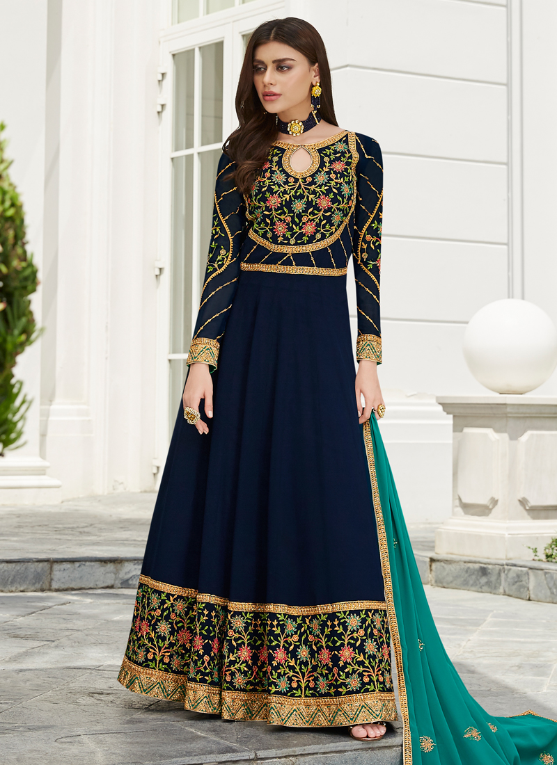 Buy Diamond Work Blue Georgette Traditional Wear Anarkali Suit 131993 Online