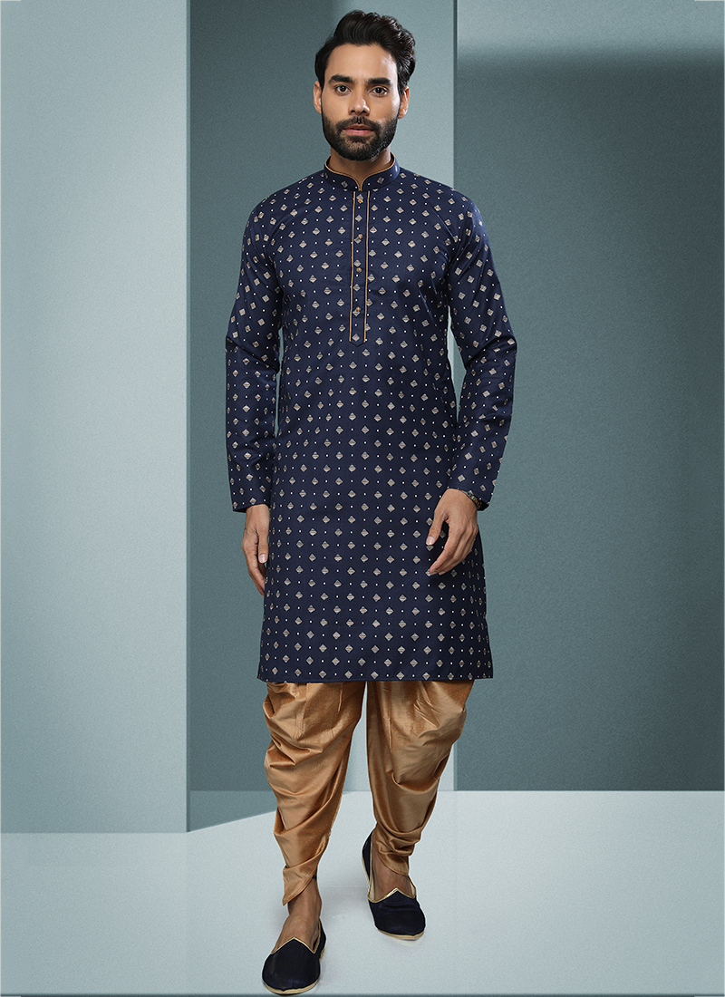 Buy Blue Handloom Work Cotton Fancy Kurta Pajama Online