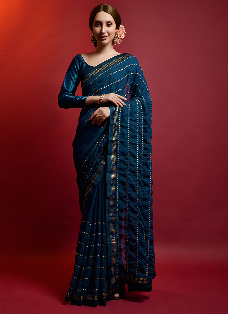 Grab The Stylish Mirror Work Silk Olive Green Saree|SARV115496