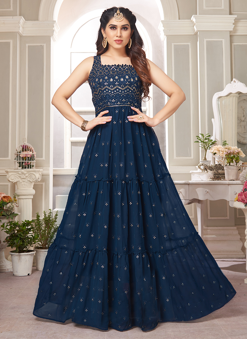 Buy Refreshing Navy Blue Color Ready Made Chine Work Georgette Dupatta Gown  Design | Lehenga-Saree