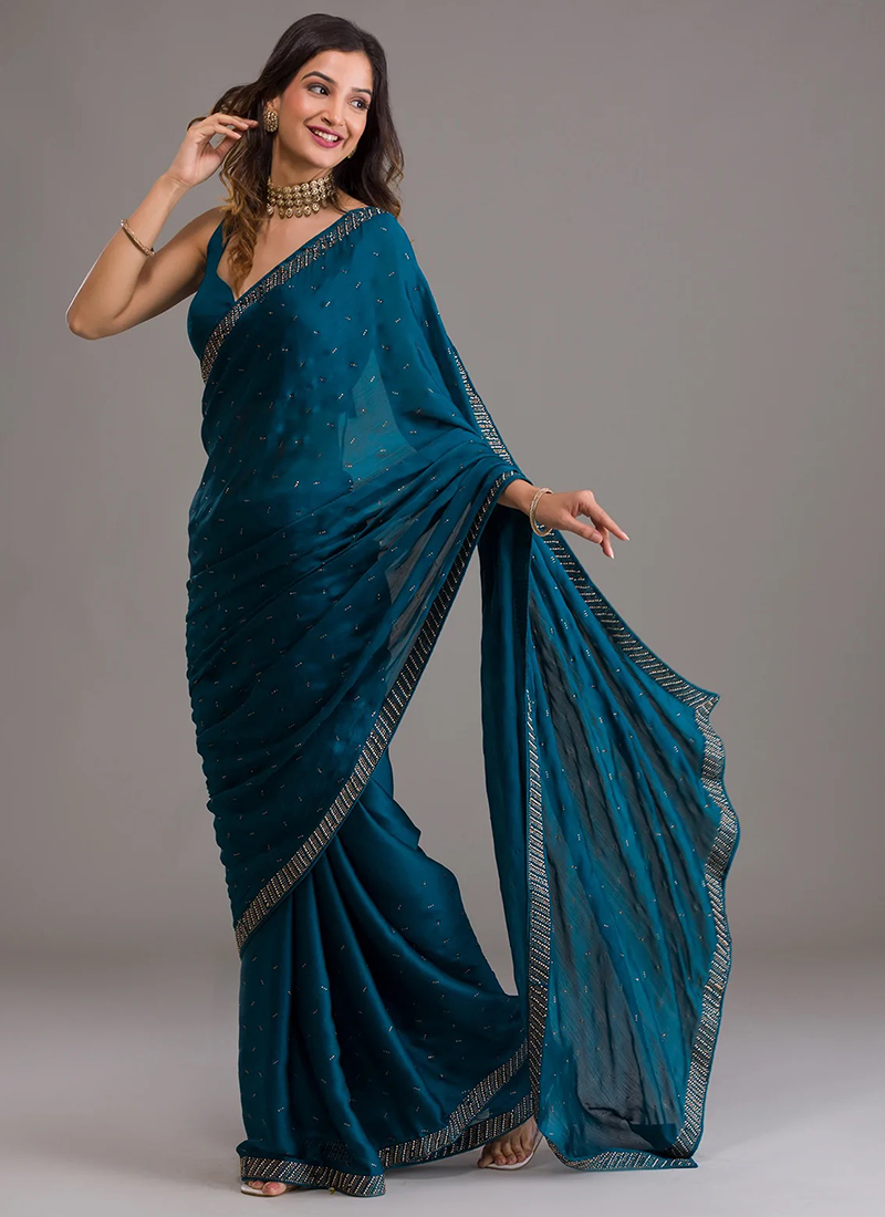 Glitzy Navy Blue Color Sequins Saree With Silk Blouse