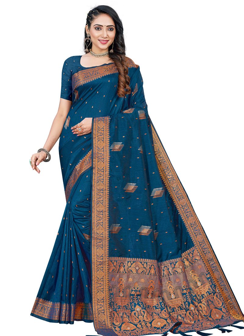 Handloom Leheriya - Navy Blue Tussar Silk Saree – House Of Vaarasa