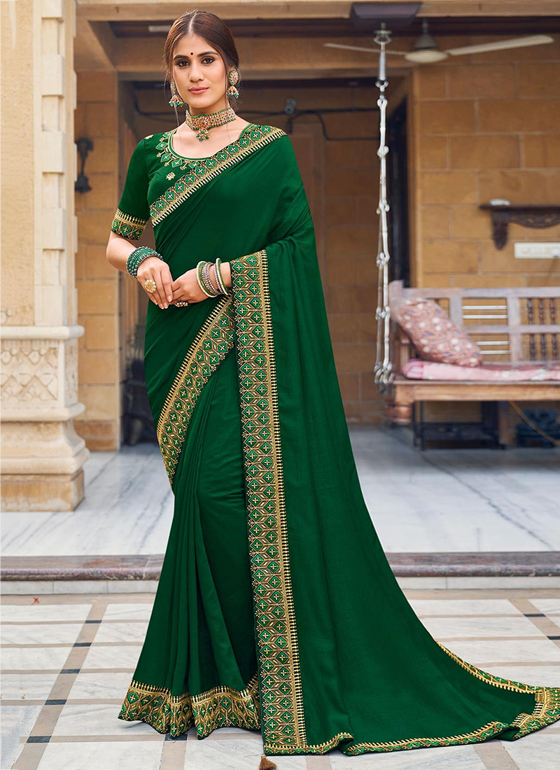Classy Bottle Green Wedding Silk Saree with MInimalist Designs – TrendOye