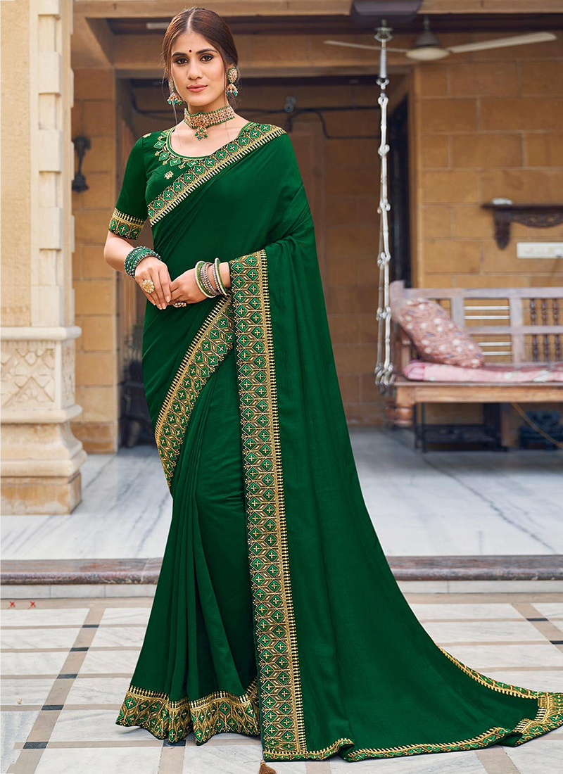 Vishal Prints Dark Green Printed Georgette Saree With Fancy Border