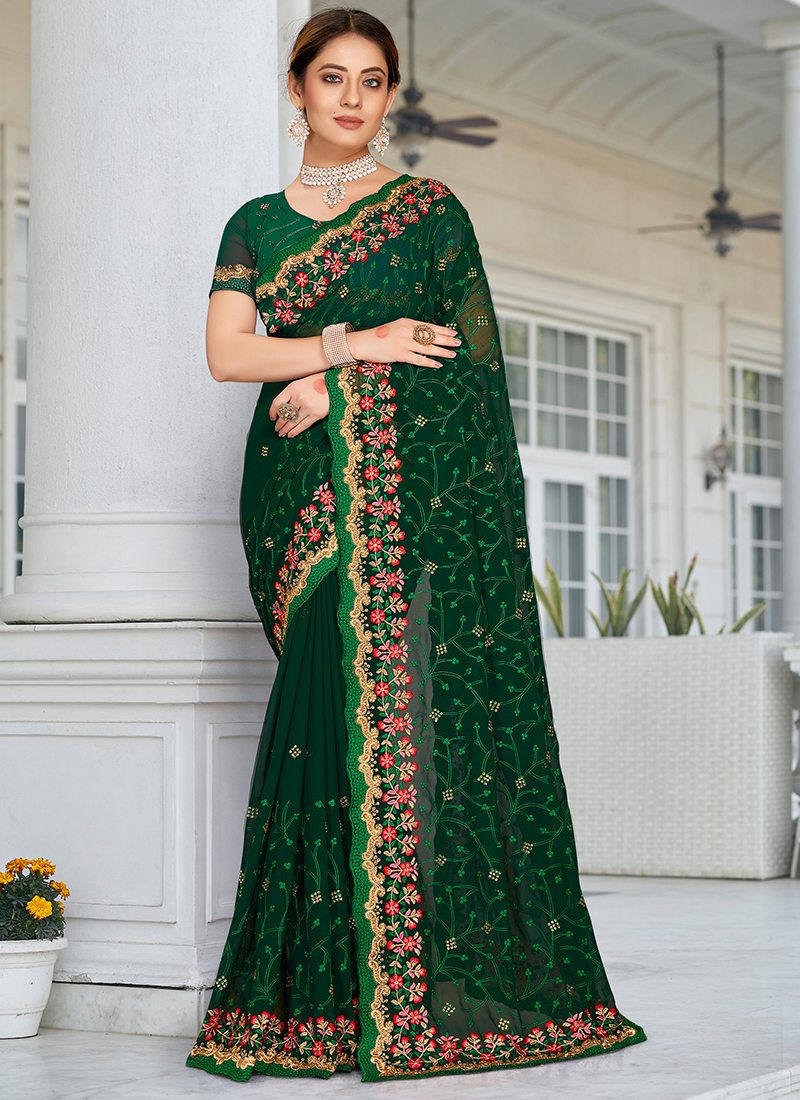 Buy Dark Green Georgette Sari (NWSA-5955) Online