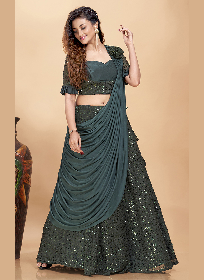 Bottle Green Embroidered Lehenga Set Design by Pooja Peshoria at Pernia's  Pop Up Shop 2023
