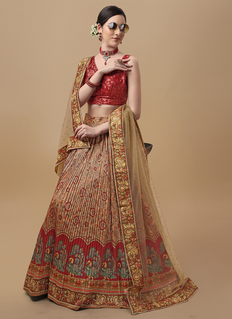 Red Color Weaving Zari Work jacquard Paithani Silk Lehenga C