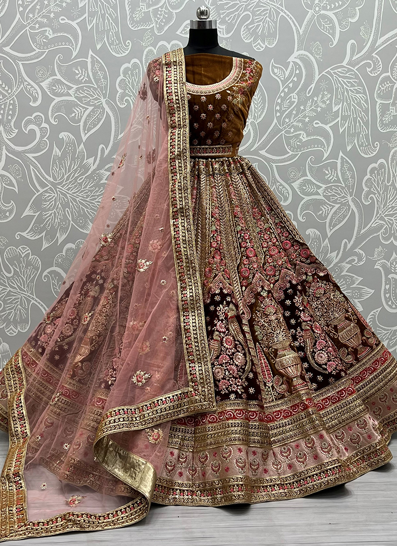 Embroidered Velvet Lehenga Choli in Maroon - Ucchal Fashion