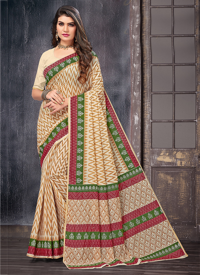 Buy Beige Printed Casual Wear Chiffon Saree | Casual Sarees