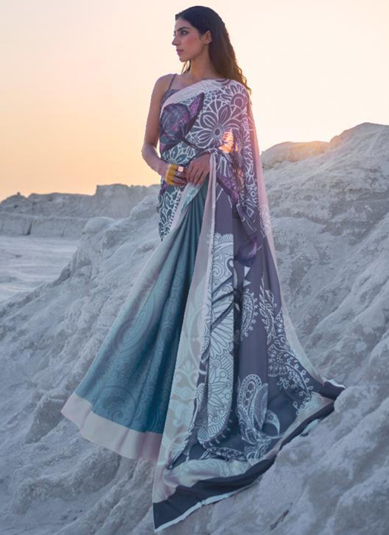 Buy Ice Blue Embroidered Saree For Women Online