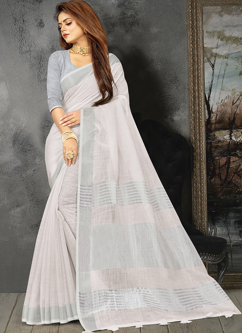 Buy Casual Wear Light Grey Linen Weaving Work Saree Online