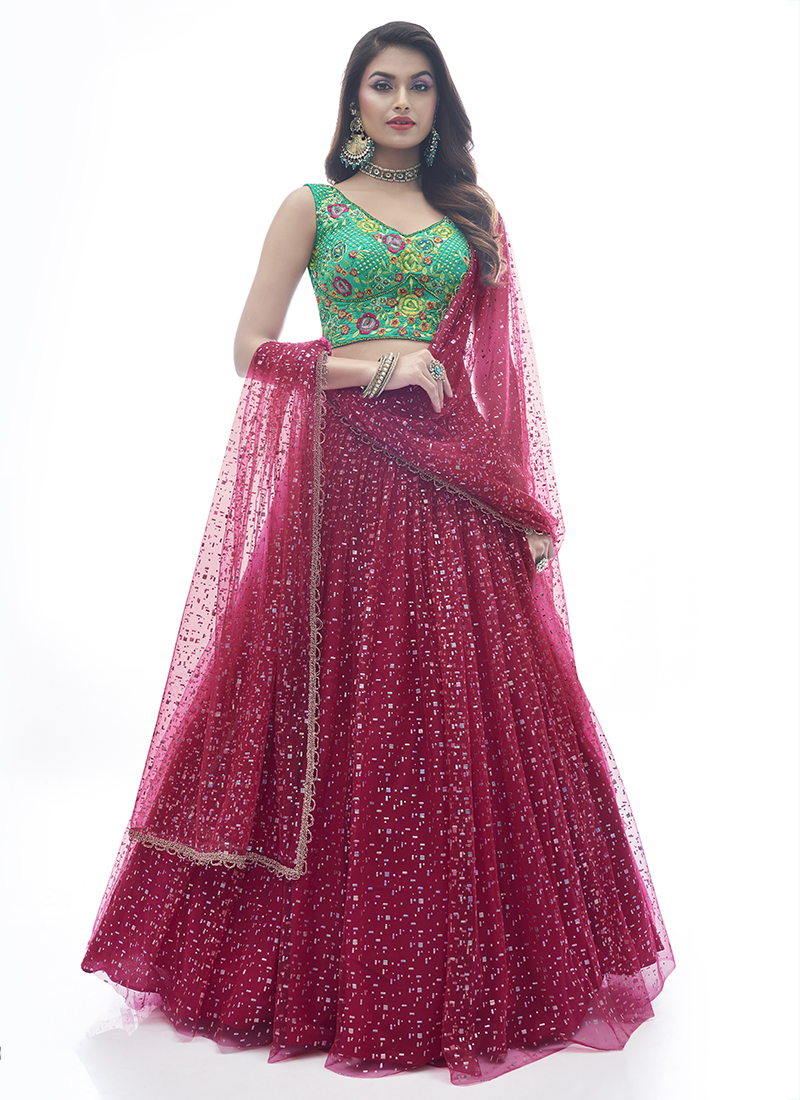 Sequins & Dori Embroidered Green Lehenga Choli In Net 2328LG06