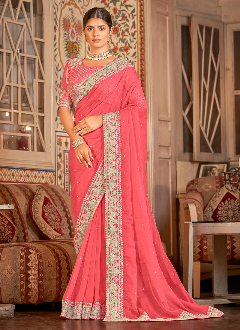 Buy Coral Pink Color Organza Fabric Designer Saree Online - SREV3109 |  Appelle Fashion