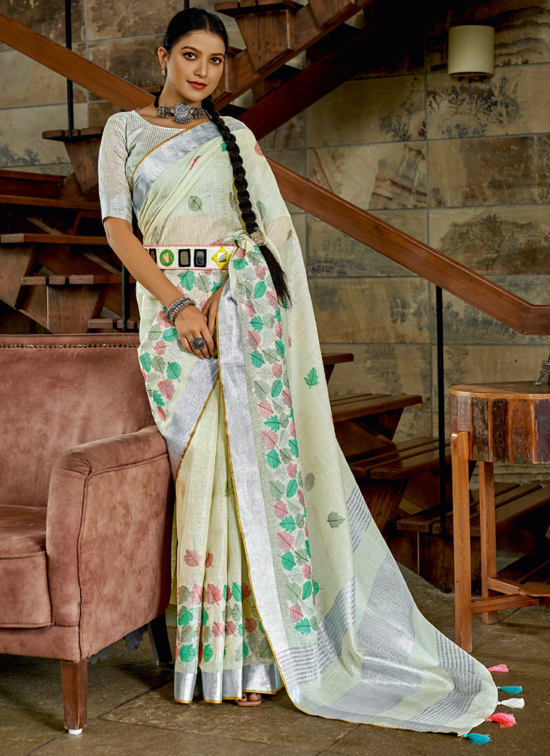 Buy Cream & Blue Banarasi Silk Saree With Blouse online-Karagiri